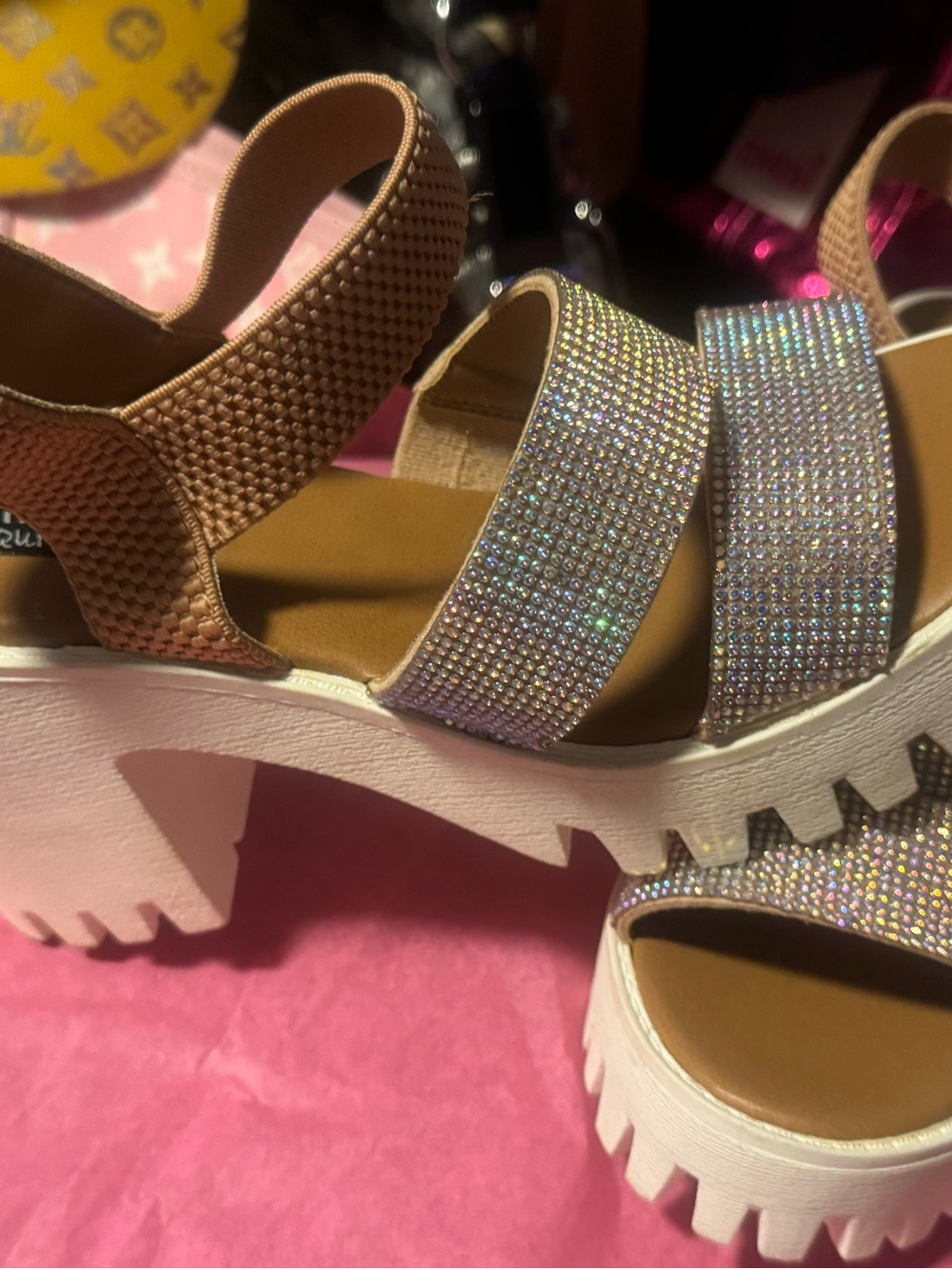 Reserved Iridescent Crystal Platform Sandals - Tan & White